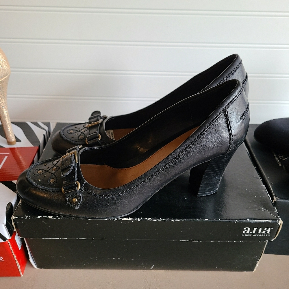 A.N.A Black Heels with Gold Buckles